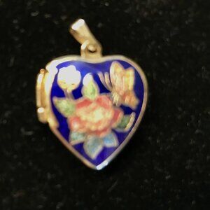 Vintage Cloisonne  Enamel  Puffy  Heart Locket Pendant  Blue w  Roses Gold Tone
